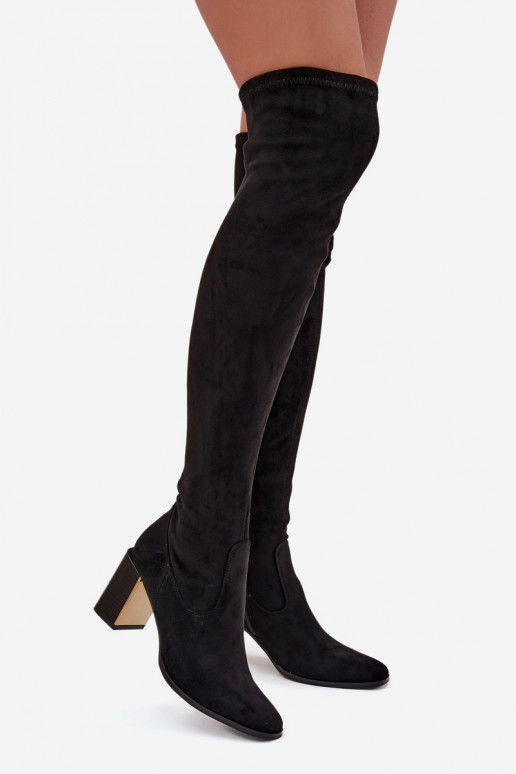 Damenstiefel oberhalb des Knies mit Absätzen aus Öko-INildlederoZue schZuarze Farbe Jelina