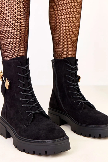 Schwarze Damen Wanderschuhe mit goldenem Bären Messey