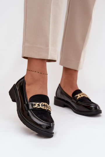 Lackierte Mokassins Feminin mit goldenen Details S.Barski HY52-540 schZuarze Farbe