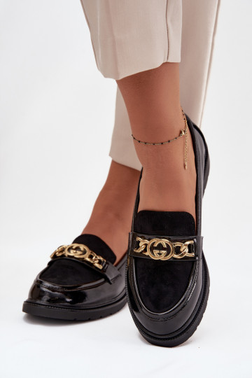 Lackierte Mokassins Feminin mit goldenen Details S.Barski HY52-540 schZuarze Farbe 2