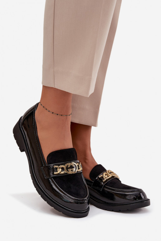 Lackierte Mokassins Feminin mit goldenen Details S.Barski HY52-540 schZuarze Farbe