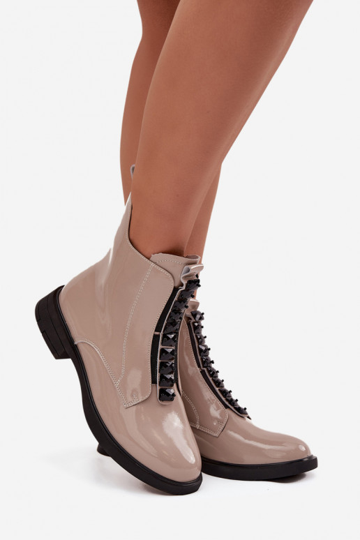 Damen Stiefeletten aus echtem Leder mit Lackeffekt D&A MR52-108 sandfarben