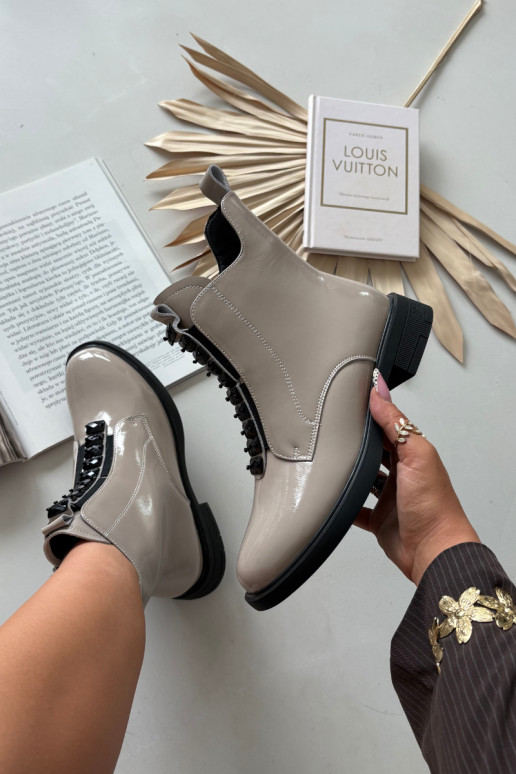 Damen Stiefeletten aus echtem Leder mit Lackeffekt D&A MR52-108 sandfarben