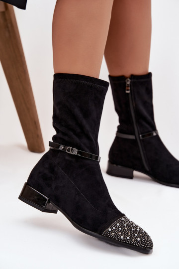 Damen Stiefeletten auf niedrigem Absatz mit Dekoration und Bändern D&A MR52-165 schwarz