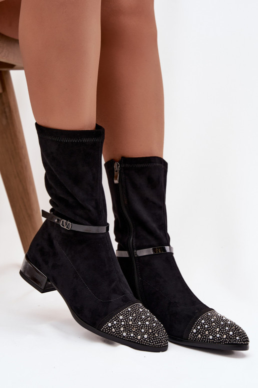 Damen Stiefeletten auf niedrigem Absatz mit Dekoration und Bändern D&A MR52-165 schwarz