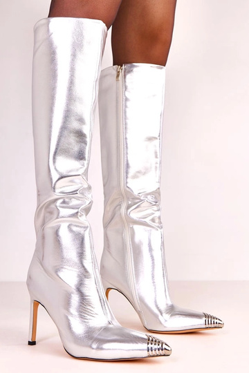 Silberne elegante kniehohe Stiefel mit metallischer Spitze Janisa
