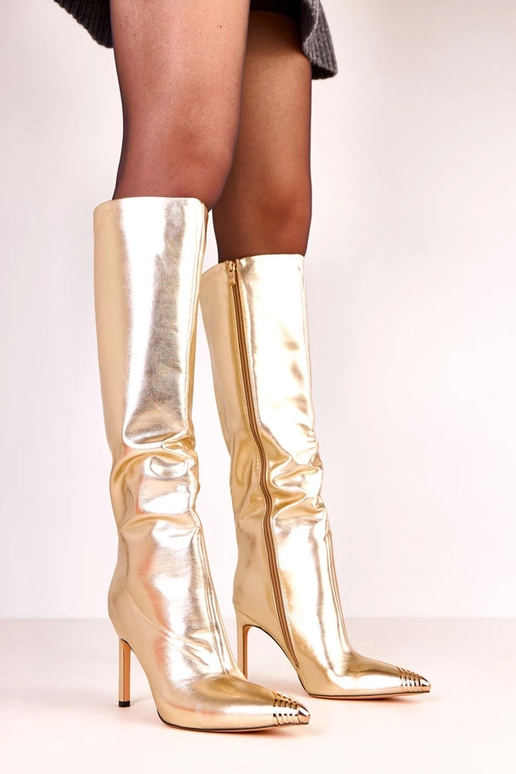 Goldene elegante kniehohe Stiefel mit... Goldene elegante kniehohe Stiefel mit...