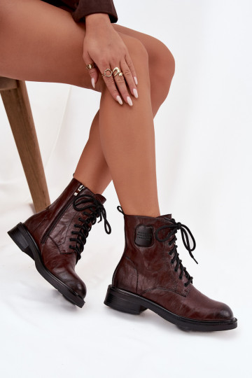 Haut Arbeitsstiefeletten Feminin Mit Dekorationen Detalem Es mussciejka K7180-01 braune Farbe