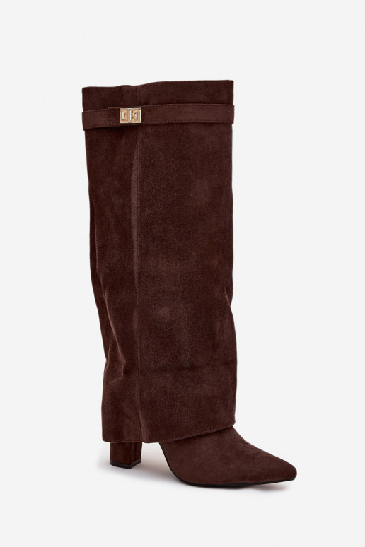 Damen hohe Stiefel aus Eco-Wildleder, Blockabsatz, gefüttert, mit verziertem Schaft, schokoladenbraun Evyra Damen hohe Stiefel aus Eco-Wildleder, Blockabsatz, gefüttert, mit verziertem Schaft, schokoladenbraun Evyra