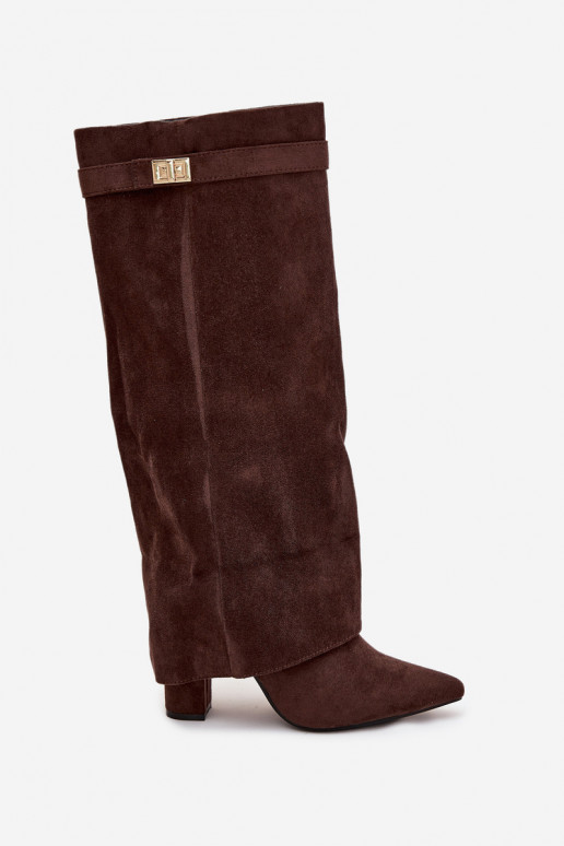 Damen hohe Stiefel aus Eco-Wildleder, Blockabsatz, gefüttert, mit verziertem Schaft, schokoladenbraun Evyra Damen hohe Stiefel aus Eco-Wildleder, Blockabsatz, gefüttert, mit verziertem Schaft, schokoladenbraun Evyra