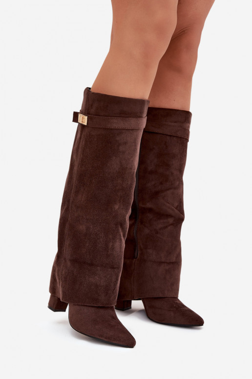 Damen hohe Stiefel aus Eco-Wildleder, Blockabsatz, gefüttert, mit verziertem Schaft, schokoladenbraun Evyra Damen hohe Stiefel aus Eco-Wildleder, Blockabsatz, gefüttert, mit verziertem Schaft, schokoladenbraun Evyra