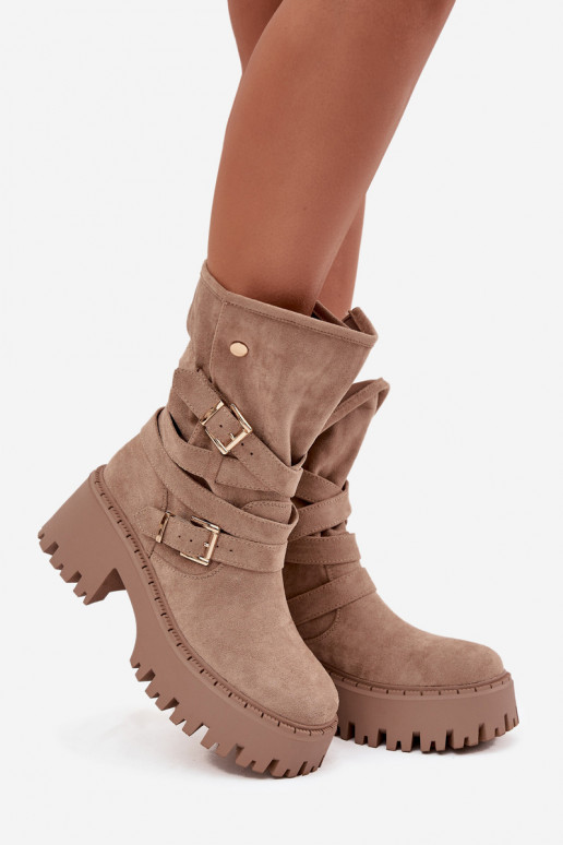 Damenstiefel Auf massiven Absätzen mit Schnallen I Streifenem Beige Nerelisa Damenstiefel Auf massiven Absätzen mit Schnallen I Streifenem Beige Nerelisa