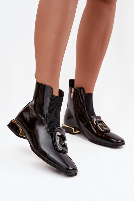 Haut mit Lackeffekt Damenstiefel Auf niedrigem Absatz mit Ornamenten D&A MR52-216 schZuarze Farbe Haut mit Lackeffekt Damenstiefel Auf niedrigem Absatz mit Ornamenten D&A MR52-216 schZuarze Farbe