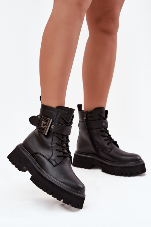 Haut Arbeitsstiefeletten Feminin sich Zuarm laufen dekorieren mit Schnallen D&A MK52-032 schZuarze Farbe Haut Arbeitsstiefeletten Feminin sich Zuarm laufen dekorieren mit Schnallen D&A MK52-032 schZuarze Farbe