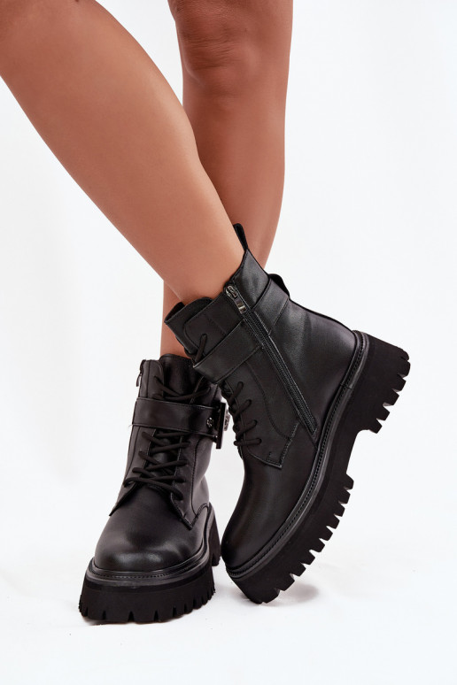 Haut Arbeitsstiefeletten Feminin sich Zuarm laufen dekorieren mit Schnallen D&A MK52-032 schZuarze Farbe Haut Arbeitsstiefeletten Feminin sich Zuarm laufen dekorieren mit Schnallen D&A MK52-032 schZuarze Farbe