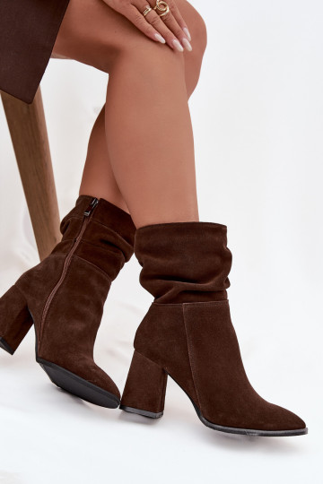 Schokoladenfarbene warme Kunstwildleder Stiefeletten mit Rüschen und Absätzen Zazoo 4216