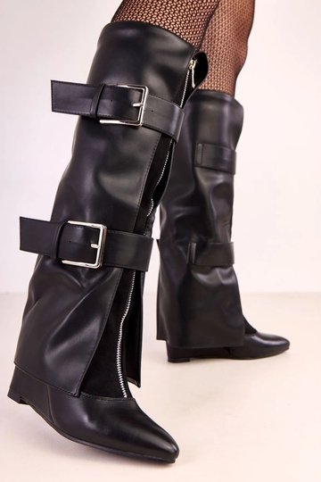 Schwarze kniehohe Stiefel auf Plattform mit dekorativen Schnallen Toadera 2