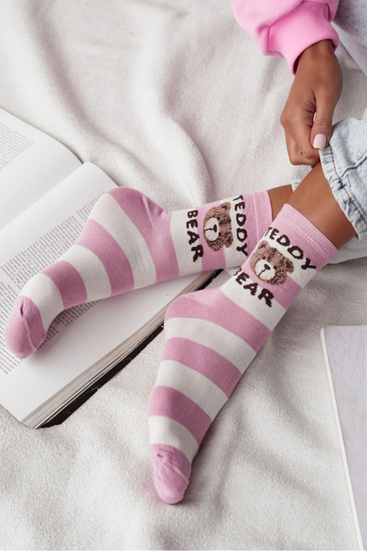 Socken Feminin mit Streifen Teddy Bear Rosa-Zueiße Farbe Socken Feminin mit Streifen Teddy Bear Rosa-Zueiße Farbe