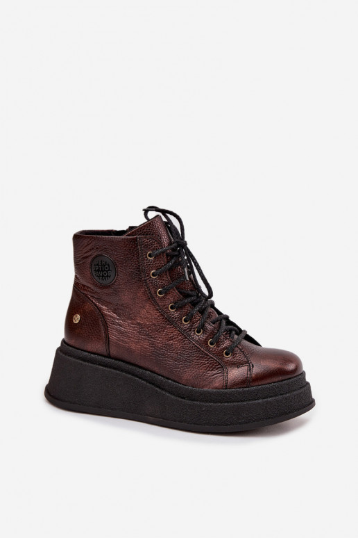 Haut Stiefel mit einer Plattform Es mussciejka 06309-32 metallische Farbe Brąz Haut Stiefel mit einer Plattform Es mussciejka 06309-32 metallische Farbe Brąz