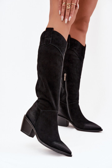 Damen Cowboy-Stil lange Stiefel mit Absatz aus echtem Wildleder Artiker 57C0232 in Schwarz 2