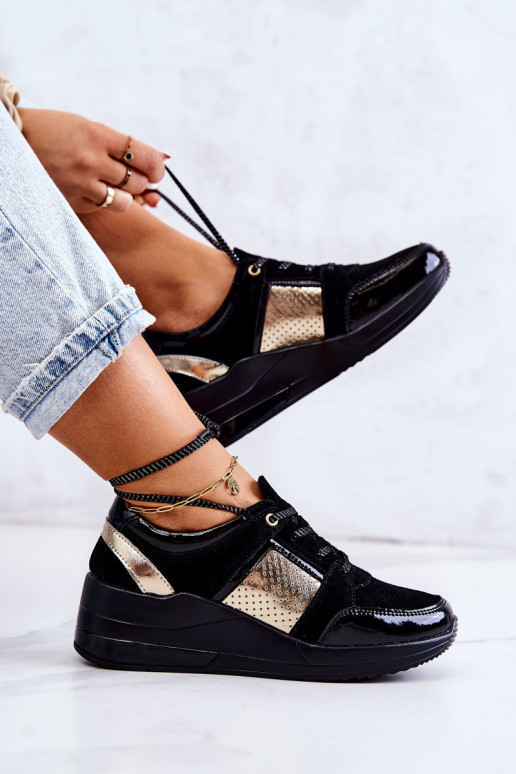 Feminin aus INildleder Turnschuhe Auf einem Keil schZuarze Farbe Larson