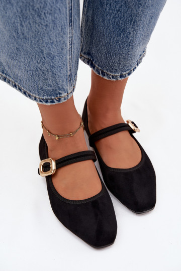 Ballerinas mit Riemen I Złotą mit Schnallen aus Öko-INildlederoZue schZuarze Farbe Adelora