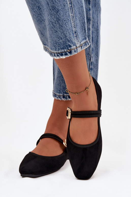 Ballerinas mit Riemen I Złotą mit Schnallen aus Öko-INildlederoZue schZuarze Farbe Adelora