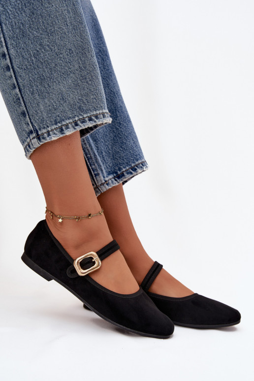 Ballerinas mit Riemen I Złotą mit Schnallen aus Öko-INildlederoZue schZuarze Farbe Adelora