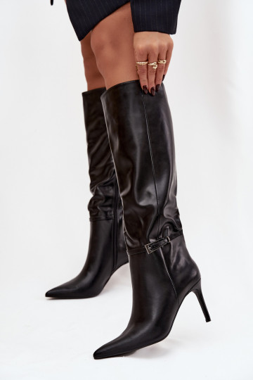 Damen Overknee-Stiefel mit dünnen Absätzen und Riemchen in Schwarz Lisanne