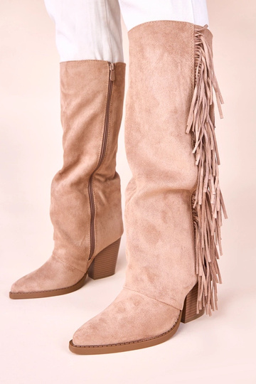 Beige Cowboy Stiefeletten mit Fransen Shia