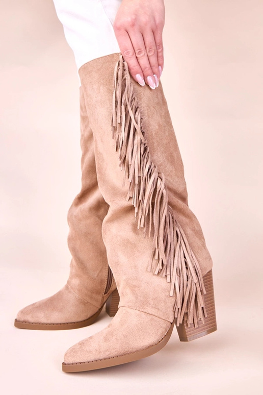 Beige Cowboy Stiefeletten mit Fransen...
