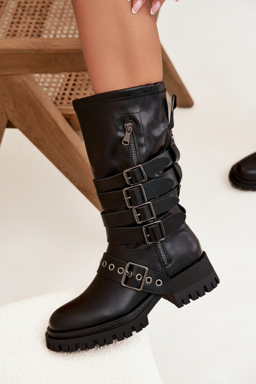 Schwarze gefütterte Damen-Kniehohe Stiefel mit Riemen und Schnallen „Ivaline"