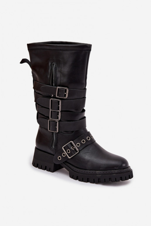 Schwarze gefütterte Damen-Kniehohe Stiefel mit Riemen und Schnallen „Ivaline"