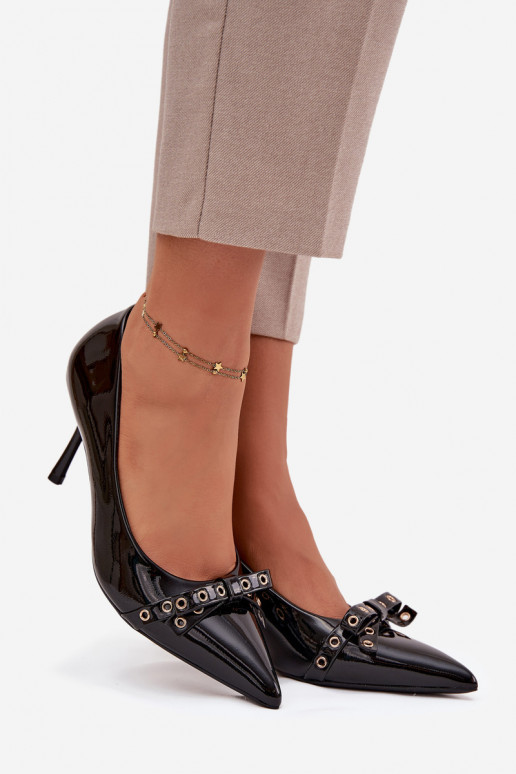 mit Lackeffekt hochhackige Schuhe mit Bändern schZuarze Farbe Janisse