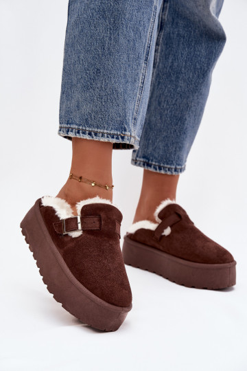 Schokoladenfarbene Damen-Schneestiefel mit Fell, Schnallen und Plateau Jessina