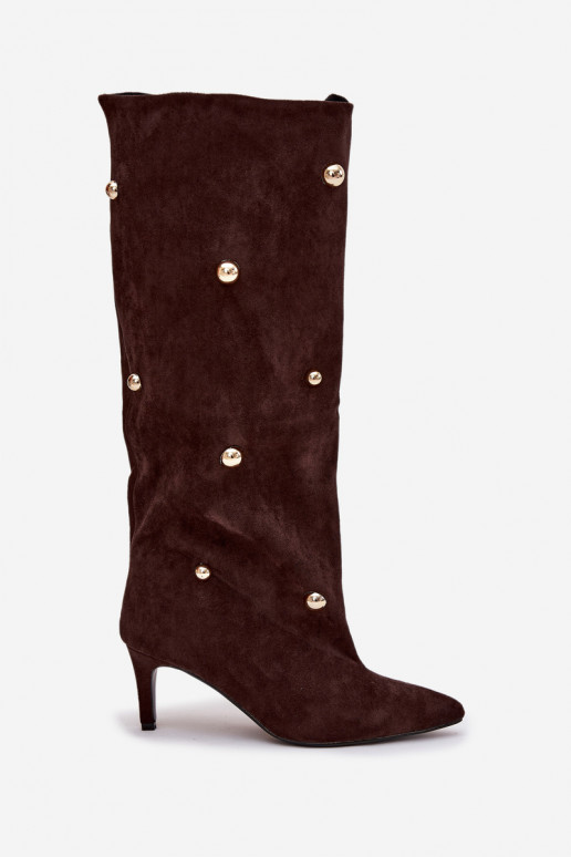 Ein überzeugendes Stilvollll Damenstiefel mit dünnen Absätzen Ze goldene Farbemi Ozdobami CzekoladoZue Thaliane