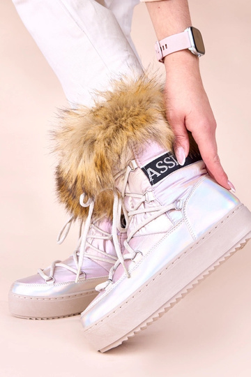 Silberne Schneestiefel mit rosa Farbton, Schnürsenkeln und Fell Alison