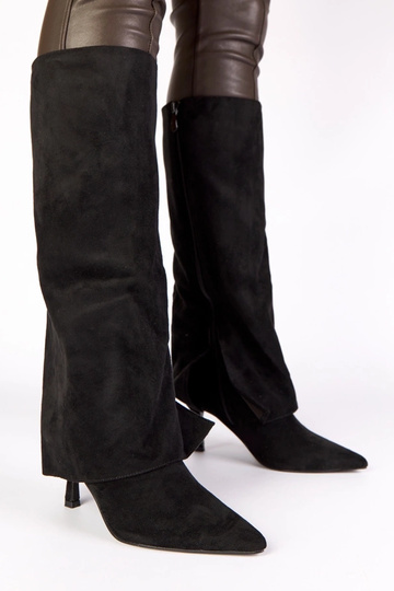 Schwarze Overknee-Stiefel auf hohem Absatz aus Kunstvelours Beria 2