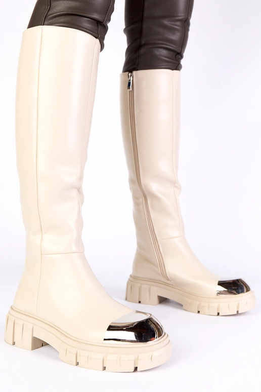 Sandfarbene Overknee-Stiefel mit...