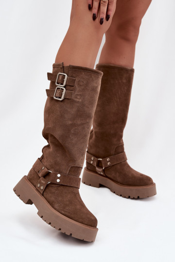 Big Star OO274A182 gefütterte Damen lange Stiefel in Sandfarbe mit Schnallen aus Naturvelours 2