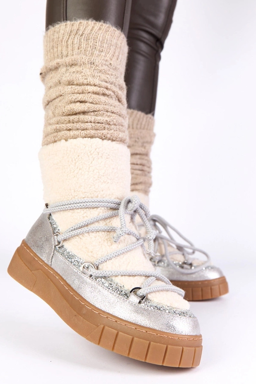 Silberne warme Schneestiefel mit Fell...