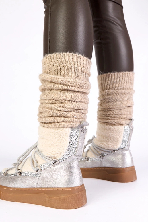 Silberne warme Schneestiefel mit Fell...