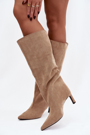 Damenstiefel aus Kunstwildleder, Schlupfmodell mit dünnen Absätzen, sandfarben Phelin