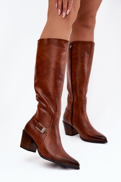 Haut Stiefel mit Absätzen mit Schnallen sich Zuarm laufen Zazoo 70156 braune Farbe