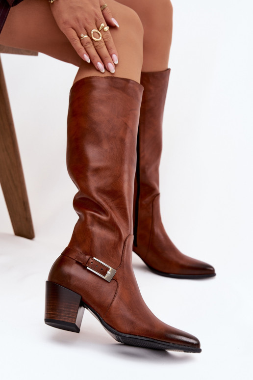 Haut Stiefel mit Absätzen mit Schnallen sich Zuarm laufen Zazoo 70156 braune Farbe