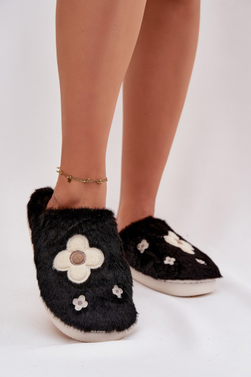 Schwarze Selinne Hausschuhe mit Fell und Blumenmotiven