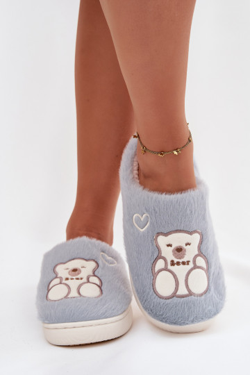 Blaue Noralie Hausschuhe mit Fell und Teddybär 2