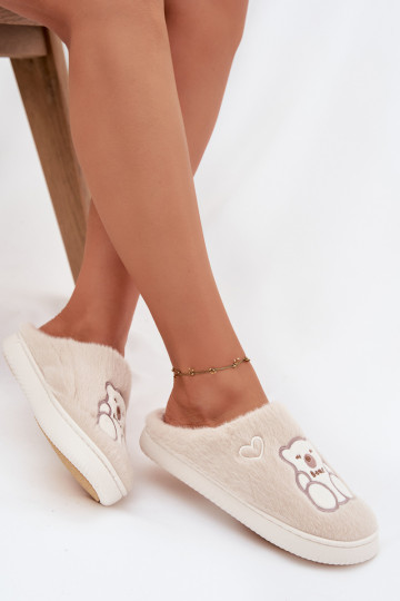 Beige Noralie Hausschuhe mit Fell und Teddybär