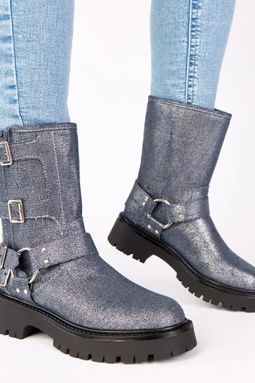Blaue Stiefeletten mit Schnallen und silbernem Glanz „Cara" 2