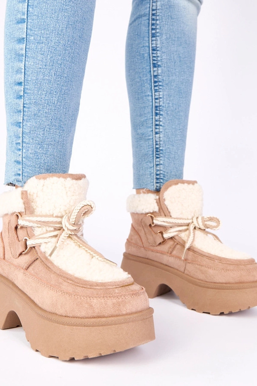 Dunkelbeige Schneestiefel mit Fell...